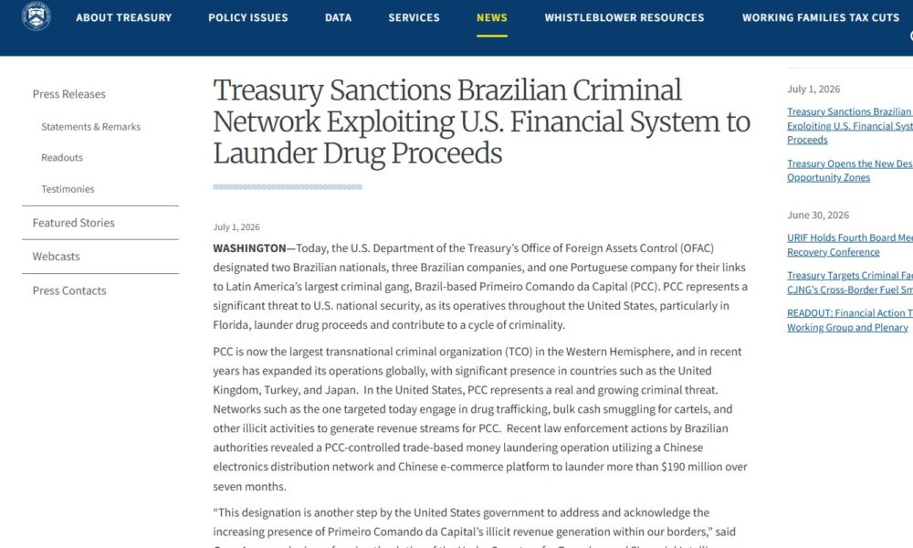 Sanções dos EUA a brasileiros ligados ao PCC geram preocupação no governo brasileiro