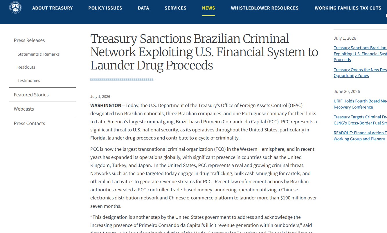 Sanções dos EUA a brasileiros ligados ao PCC geram preocupação no governo brasileiro